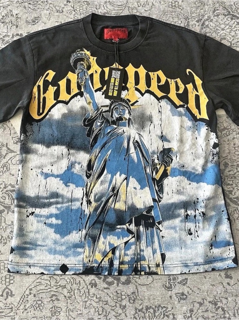 Godspeed statue of Liberty Graphic Short Sleeve Tee in Black & Blue NWT